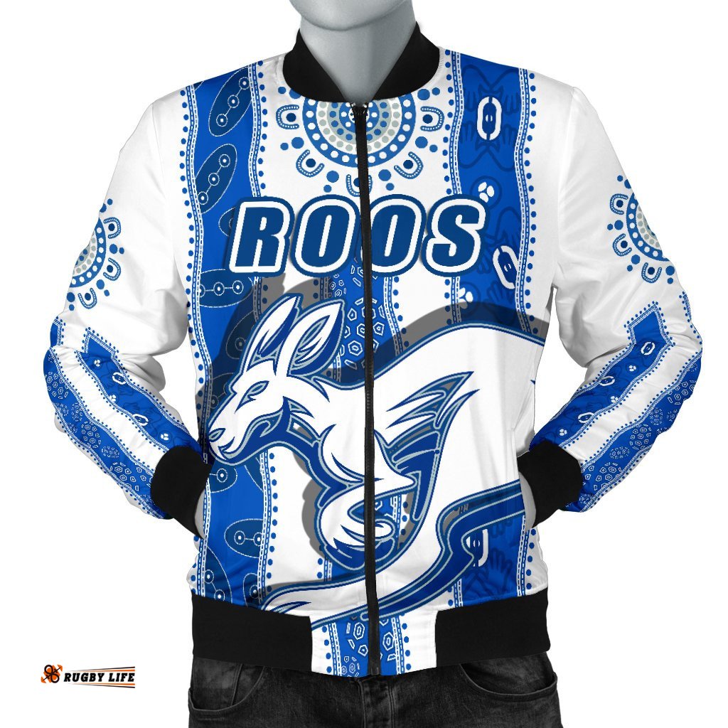 Melbourne Kangaroos Men Bomber Jacket Indigenous North - Roos White