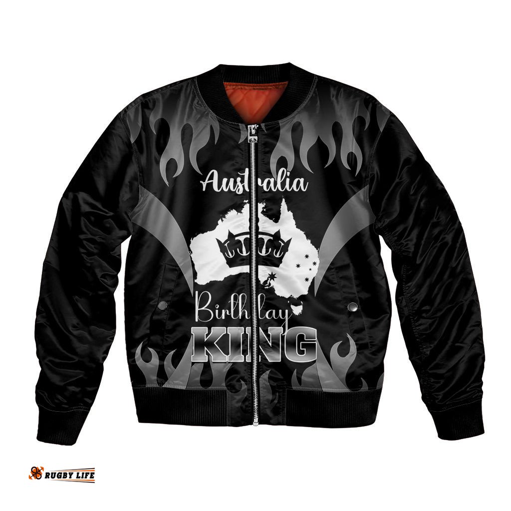 Personalised Australia King Birthday Bomber Jacket Australian Map With Crown Black Version