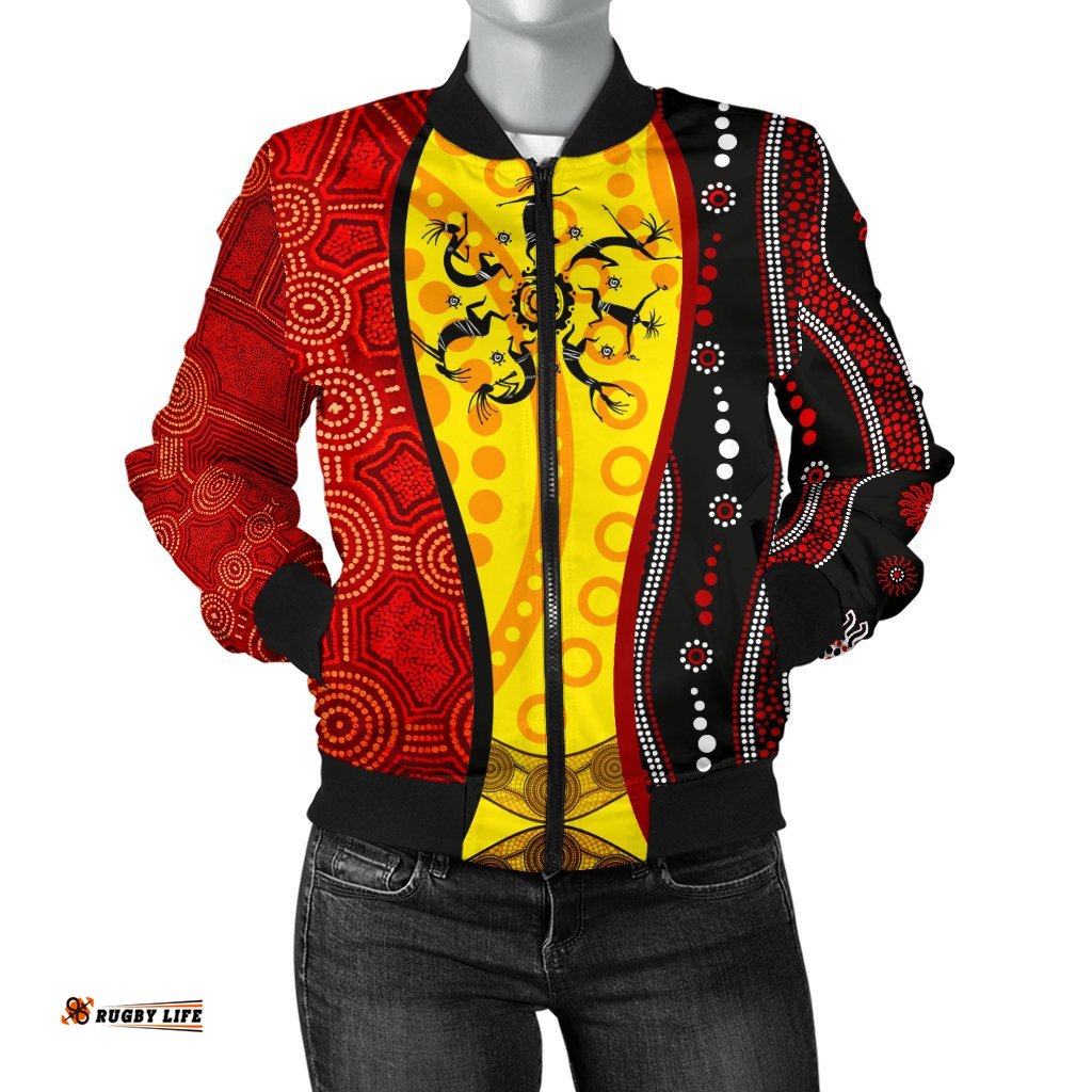 Aboriginal Women's Bomber Jackets - Dreamtime Koori Dance & Dot Acrylic Paint