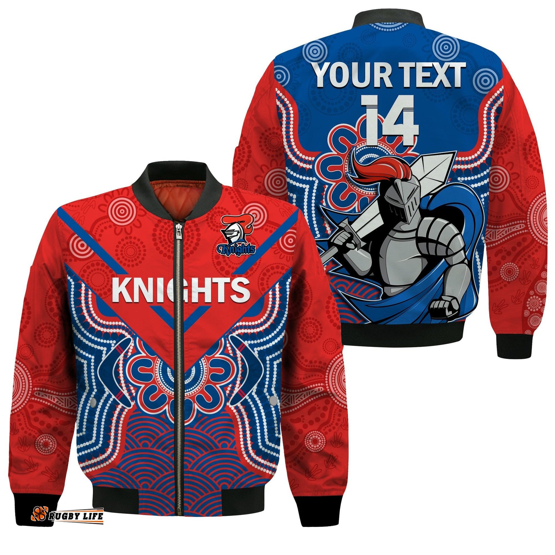 Custom Text And Number Knights Rugby Bomber Jacket Novocastrians 1987 Aboriginal Art