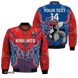 Custom Text And Number Knights Rugby Bomber Jacket Novocastrians 1987 Aboriginal Art