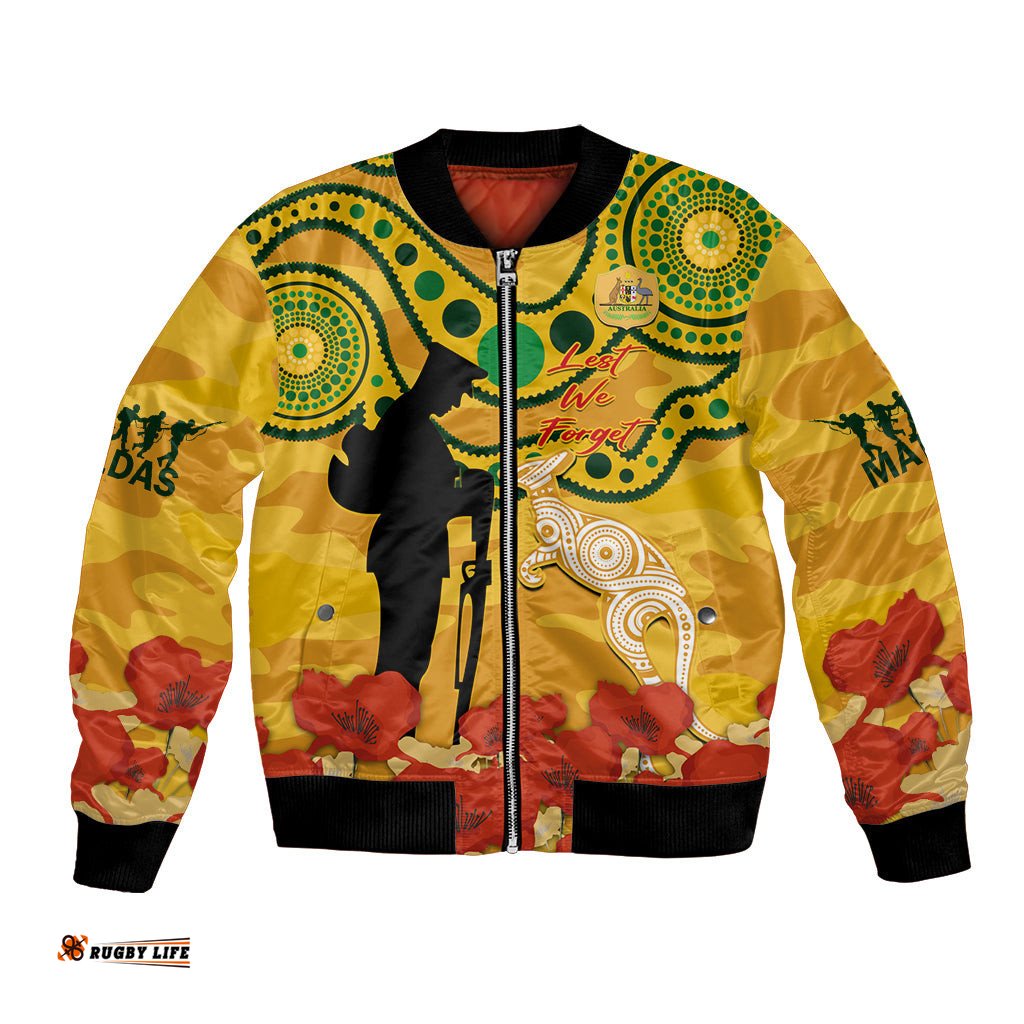 Custom Matildas ANZAC Day Bomber Jacket Lest We Forget Poppies Mix Camouflage Gold