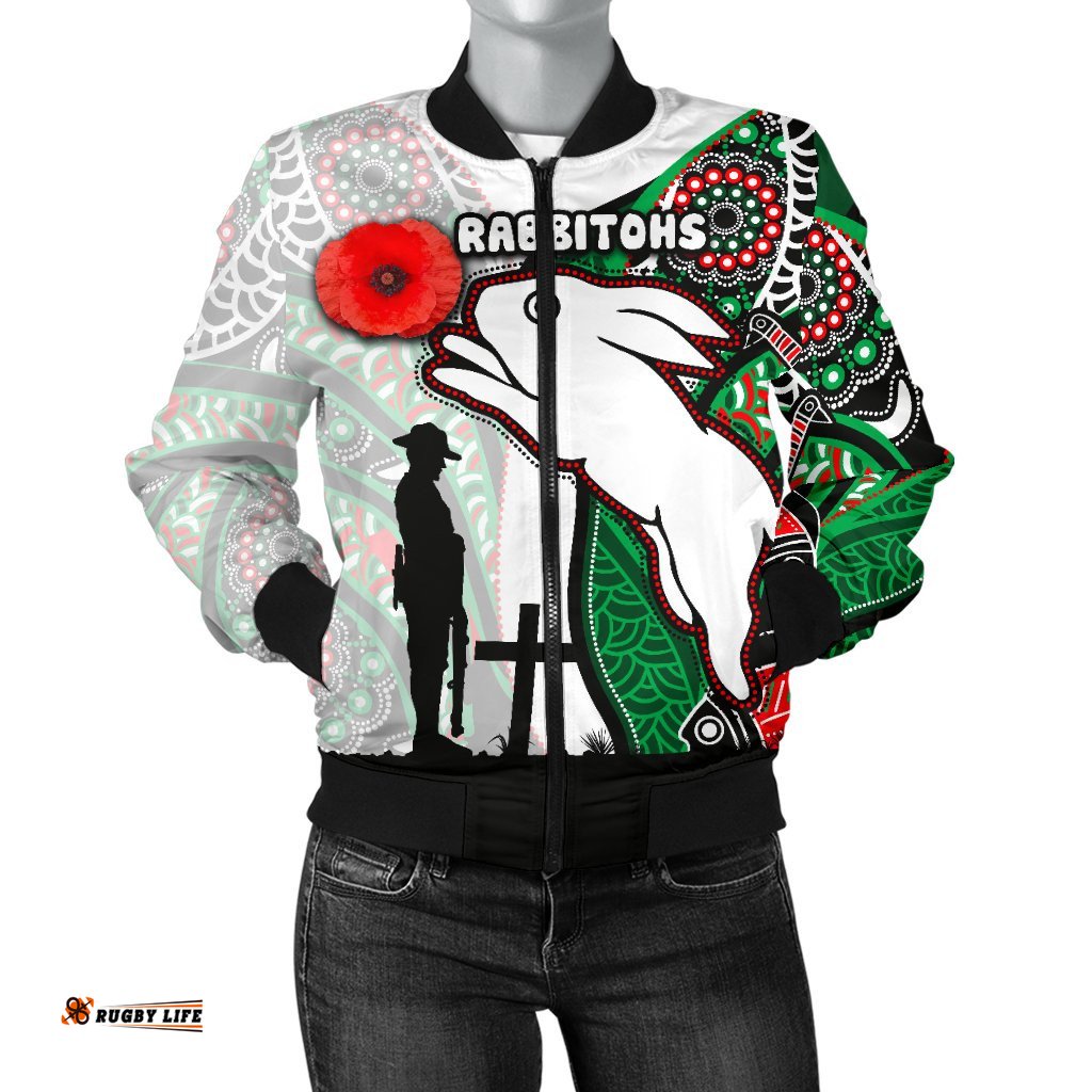 Custom Personalised Rabbitohs Women's Bomber Jacket Indigenous Anzac Day