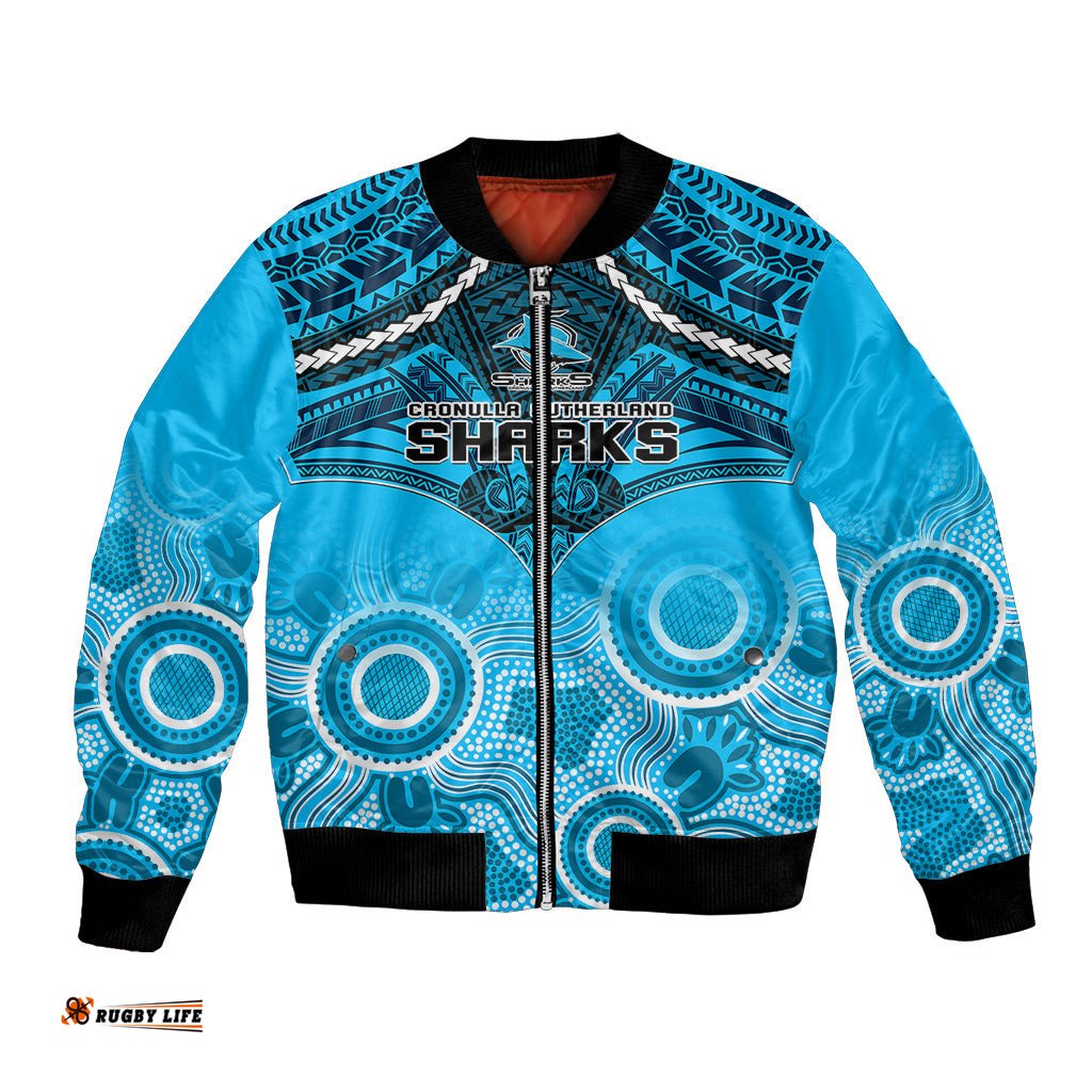 Sharks Rugby Bomber Jacket Go Sharkies Aboriginal Mix Polynesian Pattern