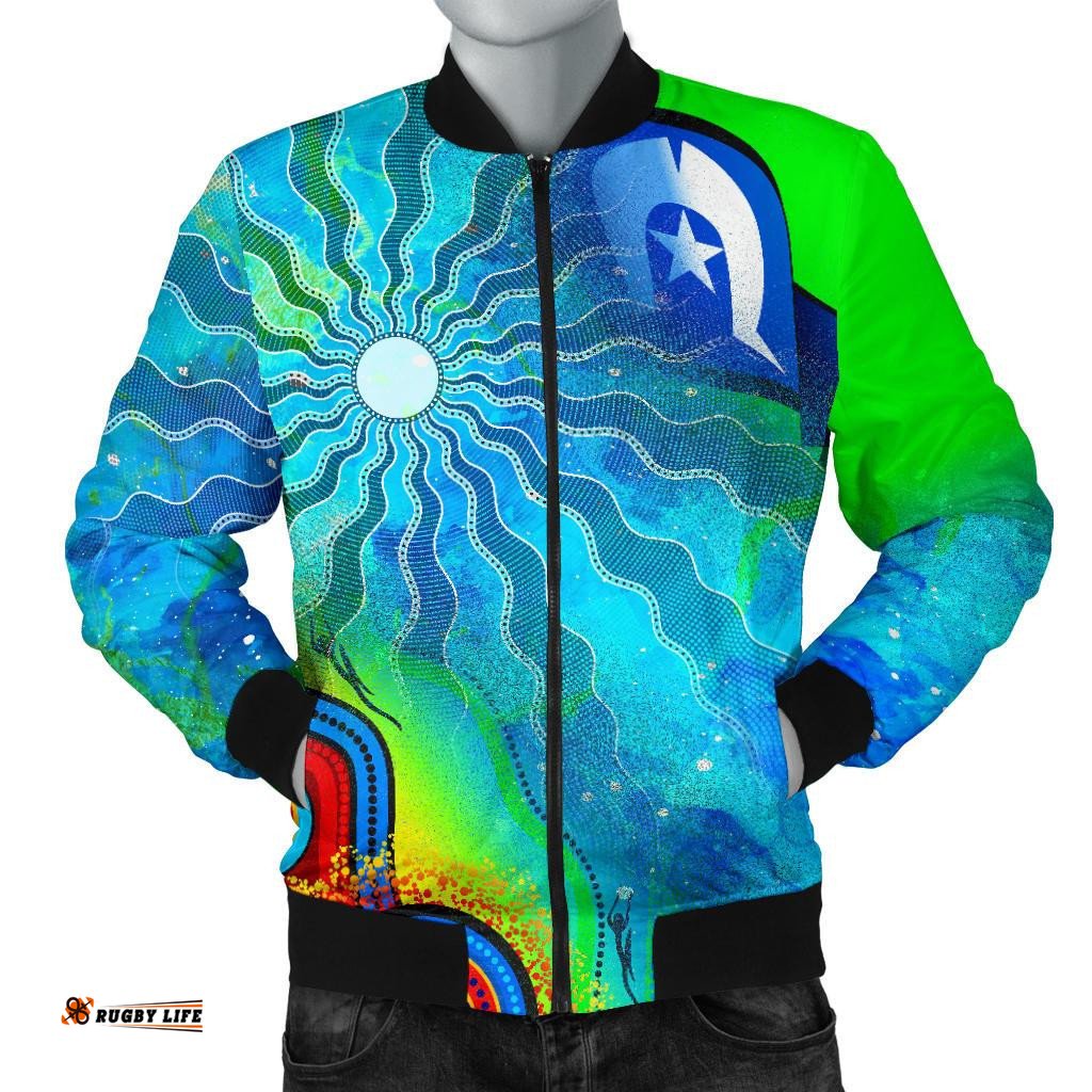 Men's Bomber Jacket - Torres Strait Islanders Flag with Aboriginal Patterns Jacket