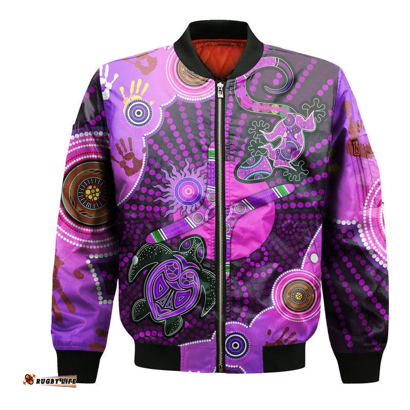 Aboriginal Purple Turtle Lizard Sun Bomber Jacket