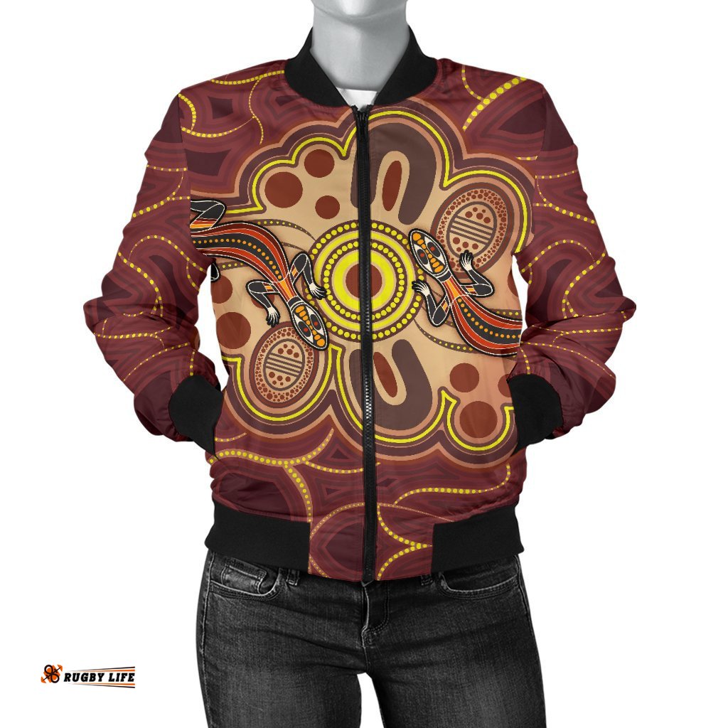Aboriginal Women's Bomber Jacket, Indigenous Lizard Dot Painting Art