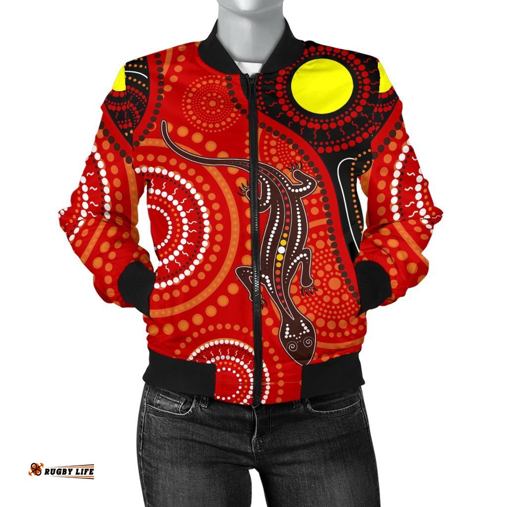 Aboriginal Women's Bomber Jacket - Australia Lizard Dot Painting Art