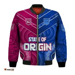 Custom Text and Number Blues and Maroons Rugby Bomber Jacket Origin NSW Combine Queensland Aboriginal Australian