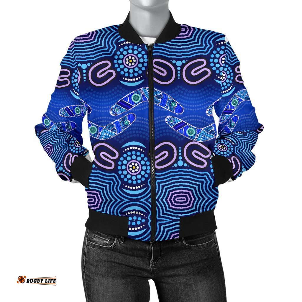 ABoriginal Women's Bomber Jacket - Boomerangs And Dot Painting Art Ver02-