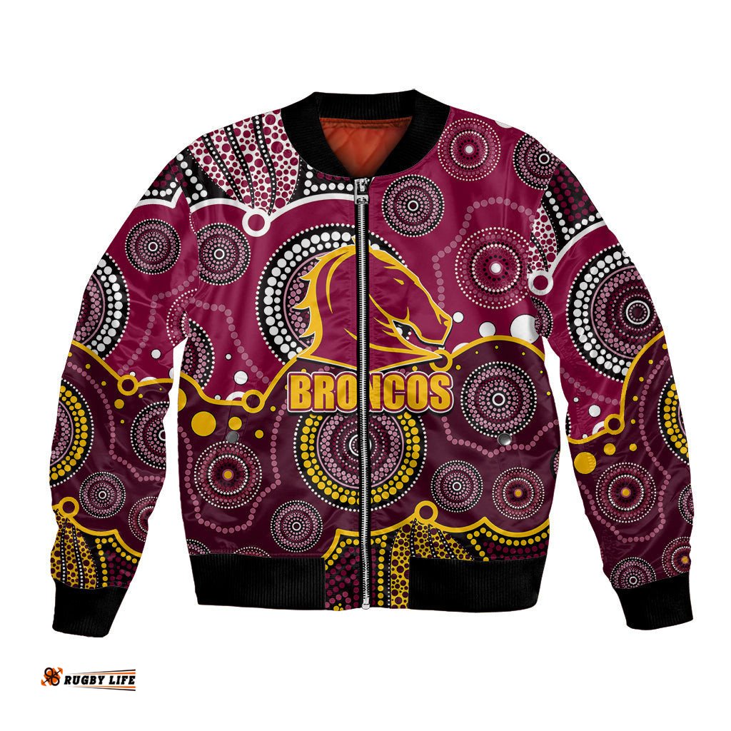 Custom Personalised And Number Broncos NRL Bomber Jacket Aboriginal Patterns