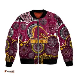 Custom Personalised And Number Broncos NRL Bomber Jacket Aboriginal Patterns