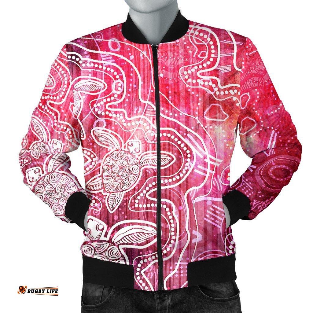Aboriginal Men's Bomber Jacket - Sea Turtle With Indigenous Patterns Pink