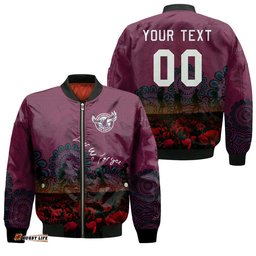 Manly Warringah Sea Eagles Bomber Jacket Personalized Aboriginal Rugby Anzac Day Poppy With Soldiers - NRL