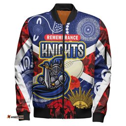 Knights Rugby Anzac Aboriginal Bomber Jacket - Newcastle Knights with Anzac Day Poppy Flower Bomber Jacket
