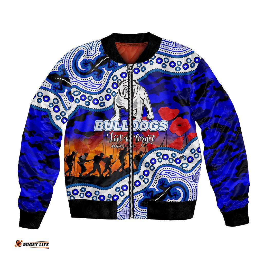 Custom Personalised Anzac Day NRL - Bulldogs Bomber Jacket Aboriginal Lizard Patterns
