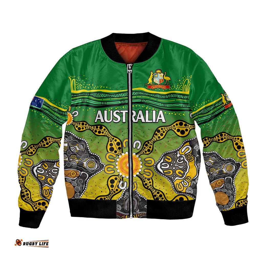 Custom Text And Number Australia Cricket Bomber Jacket Aboriginal Dots Style