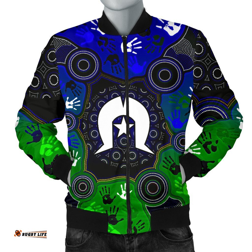 Aboriginal Men's Bomber Jacket - Torres Strait Symbol With Indigenous Patterns