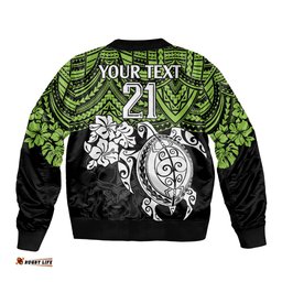 Custom Raiders Rugby Bomber Jacket Canberra Hibiscus and Turtle With Polynesian Pattern