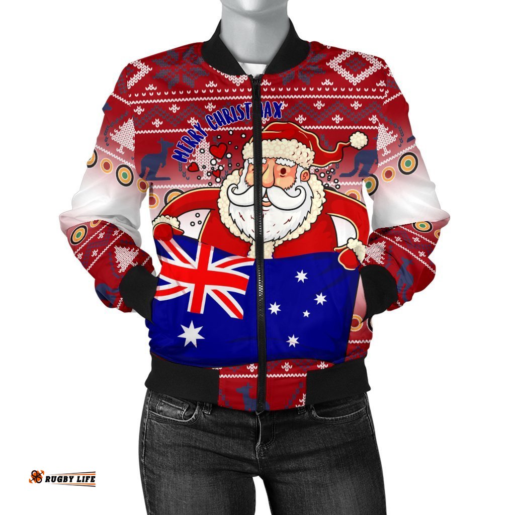 Christmas Women's Bomber Jacket - Australia Santa Claus Hold The Flag  Red