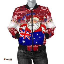 Christmas Women's Bomber Jacket - Australia Santa Claus Hold The Flag  Red