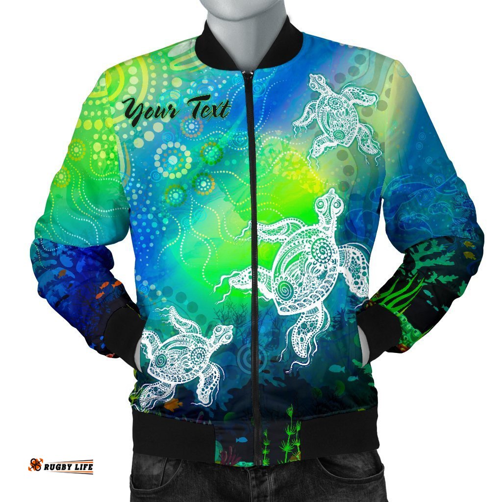 Custom Text Aboriginal Men's Bomber Jacket - Indigenous Turtle Ocean Dot Painting Art