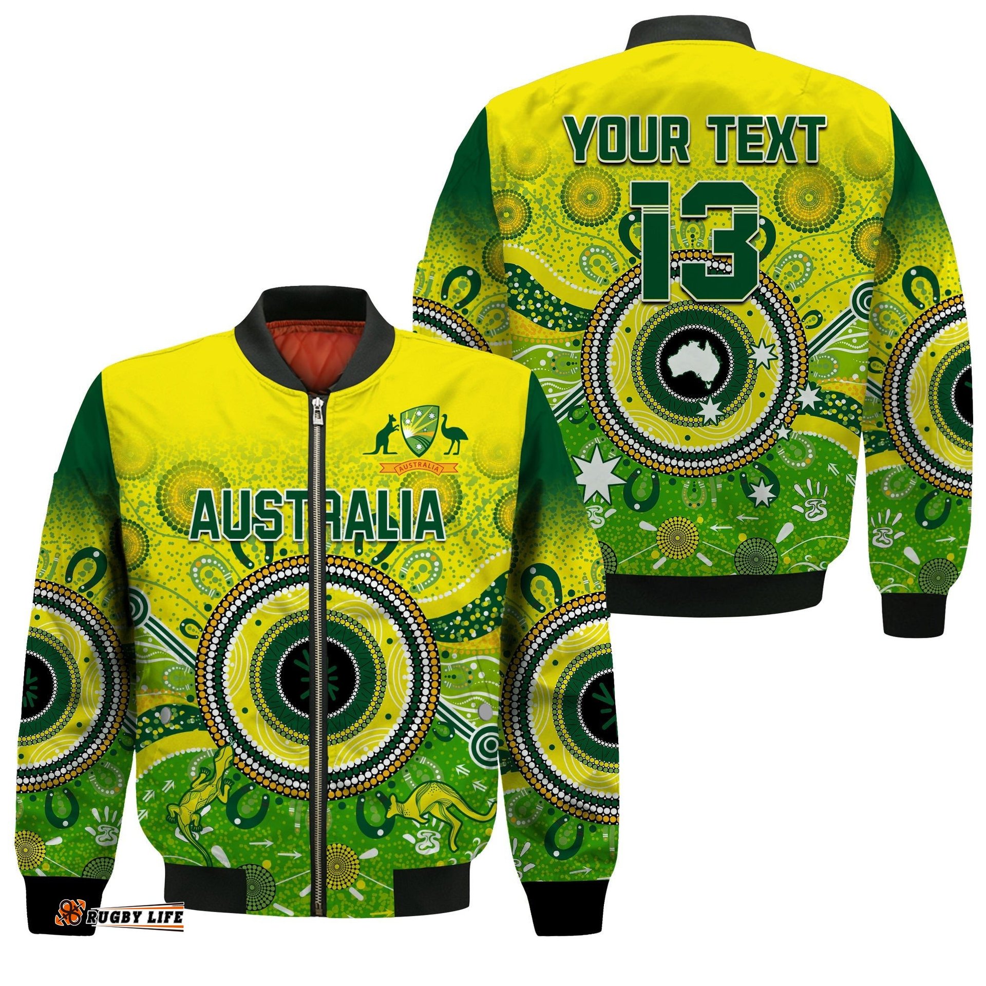 Custom Text and Number Australia Cricket Bomber Jacket Aboriginal National Color Champion