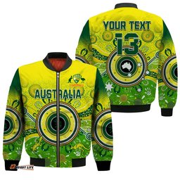 Custom Text and Number Australia Cricket Bomber Jacket Aboriginal National Color Champion