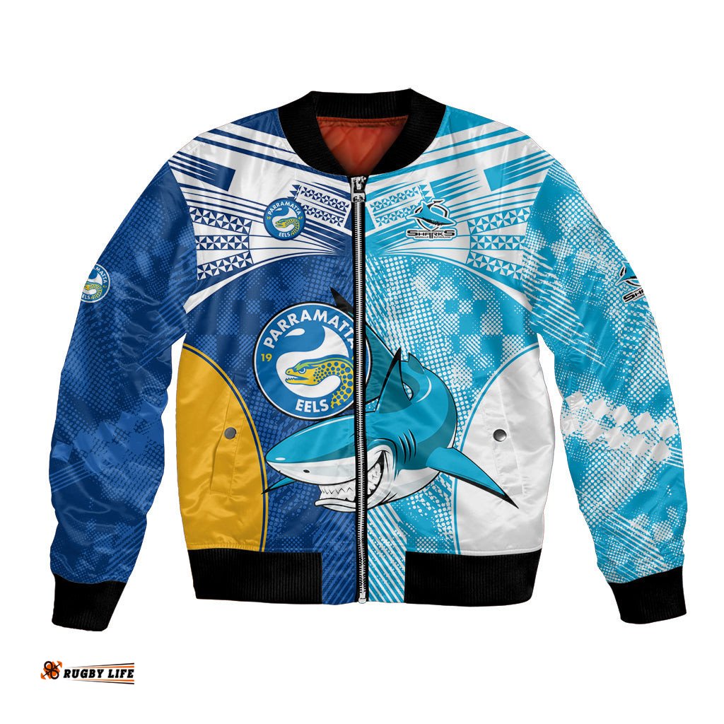 Custom NRL Shark Combine Eels Rugby Bomber Jacket Sporty Style