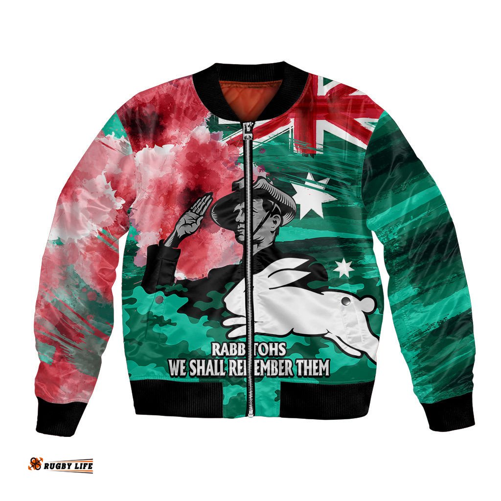 Custom Personalised ANZAC Rabbitohs Rugby Bomber Jacket We Shall Remember