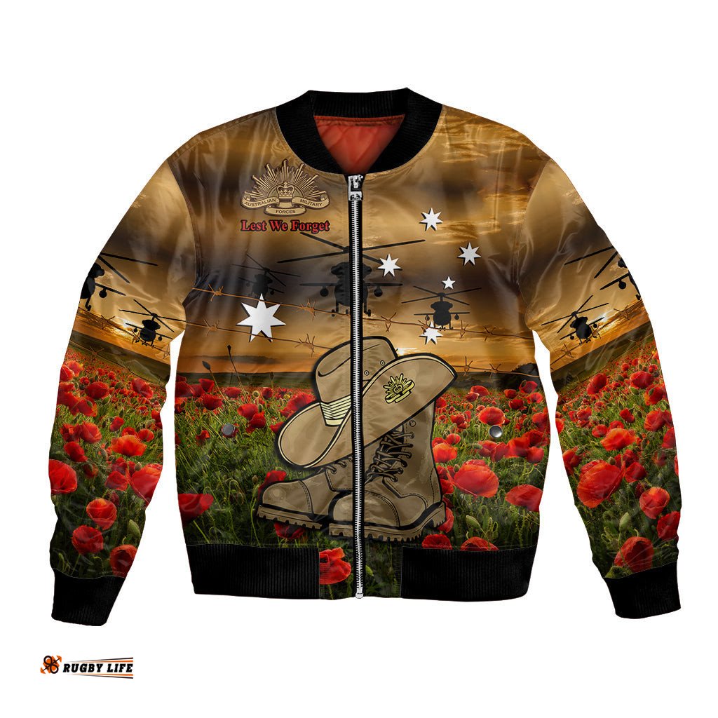 Australian ANZAC Bomber Jacket Slouch Hat And Army Boots With Poppy