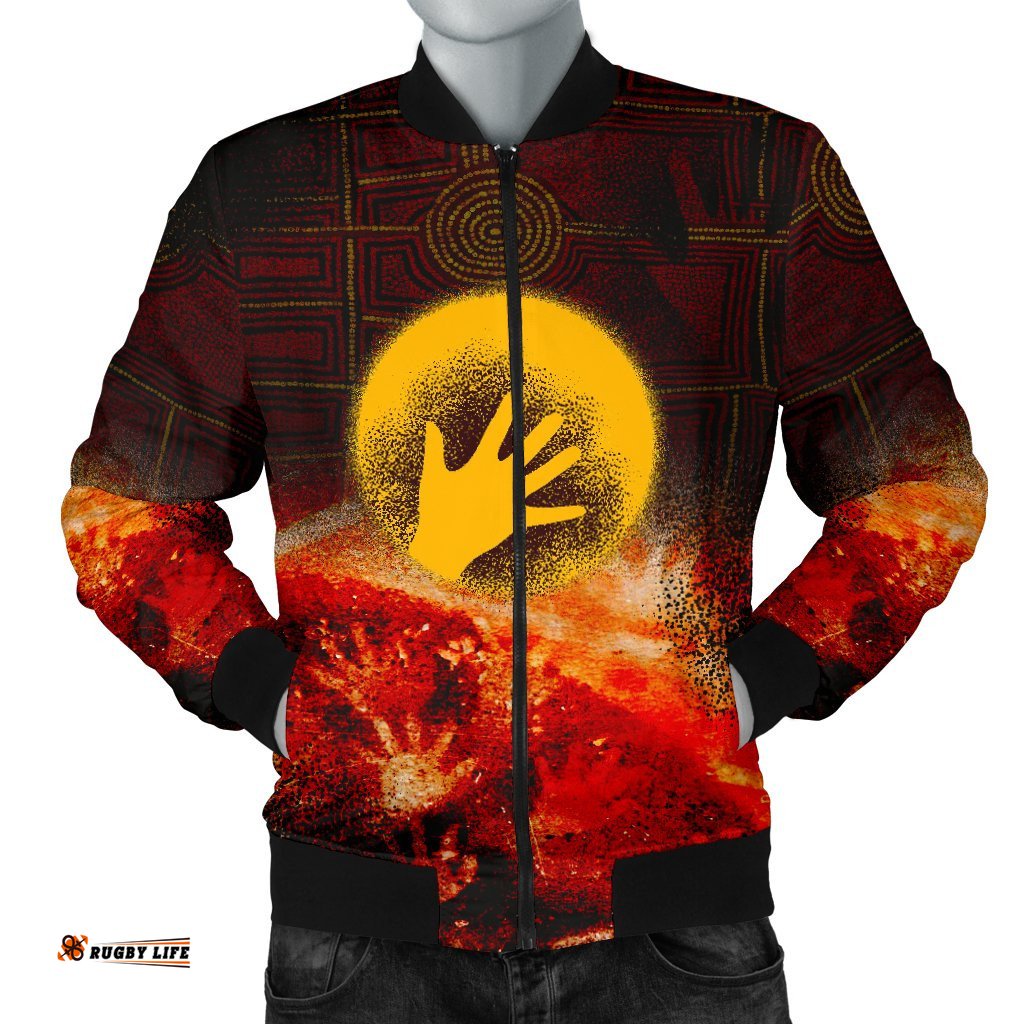 Aboriginal Men's Bomber Jacket - Indigenous Flag Hand Art