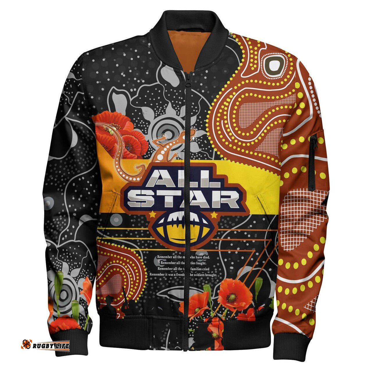 All Stars Rugby Anzac Aboriginal Bomber Jacket - All Stars with Anzac Day with Poppy Flower Bomber Jacket