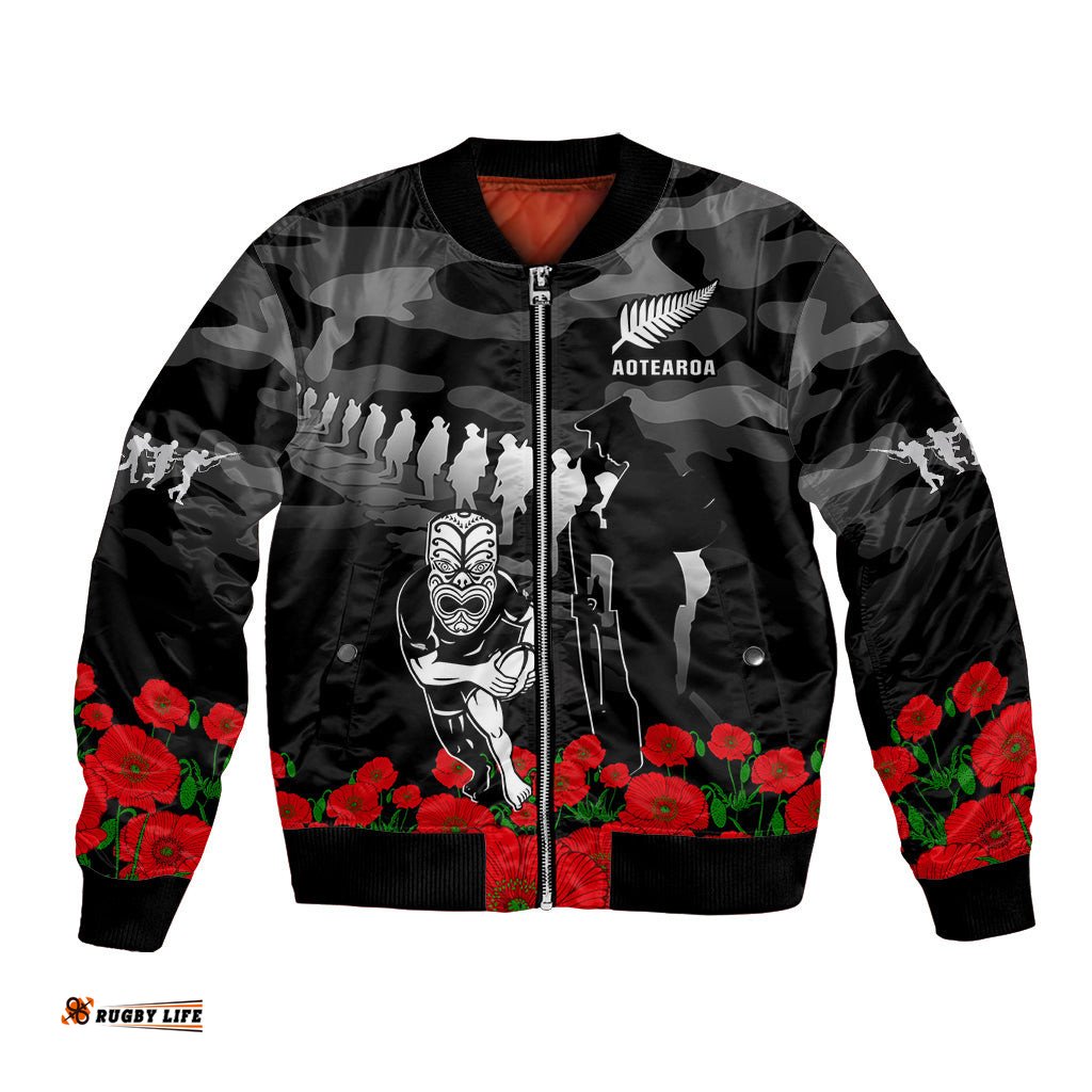 New Zealand ANZAC Rugby Bomber Jacket Silver Fern All Black Camouflage Mix Poppy