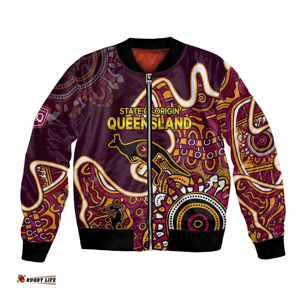 Custom Text and Number Queensland Rugby Bomber Jacket State of Origin Go Maroons Indigenous Tribal