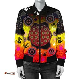 Aboriginal Women's Bomber Jacket, Indigenous Circle Dot Painting Hand Art