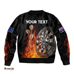 Custom Personalised Australia Darts Fire Burning Black Style Bomber Jacket