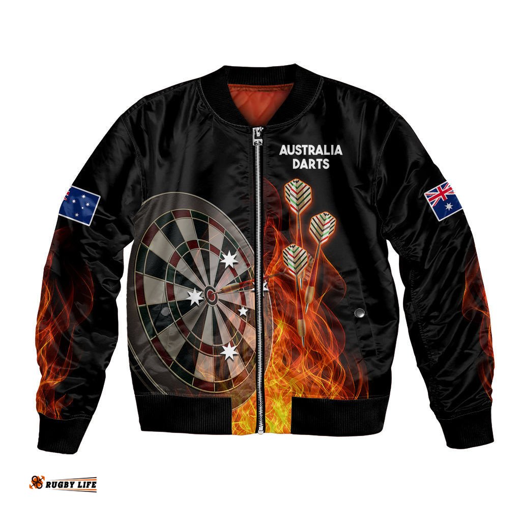 Custom Personalised Australia Darts Fire Burning Black Style Bomber Jacket