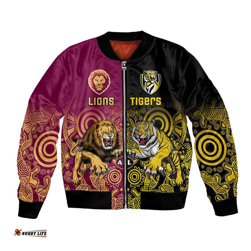 Personalised Richmond And Brisbane Lions Football Bomber Jacket Indigenous Art Version