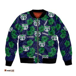 Custom Text And Number New Zealand Warriors Rugby Bomber Jacket Polynesian Style With Hibiscus