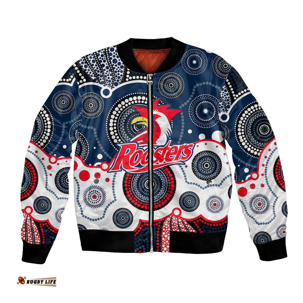 Custom Personalised And Number Roosters NRL Bomber Jacket Aboriginal Patterns
