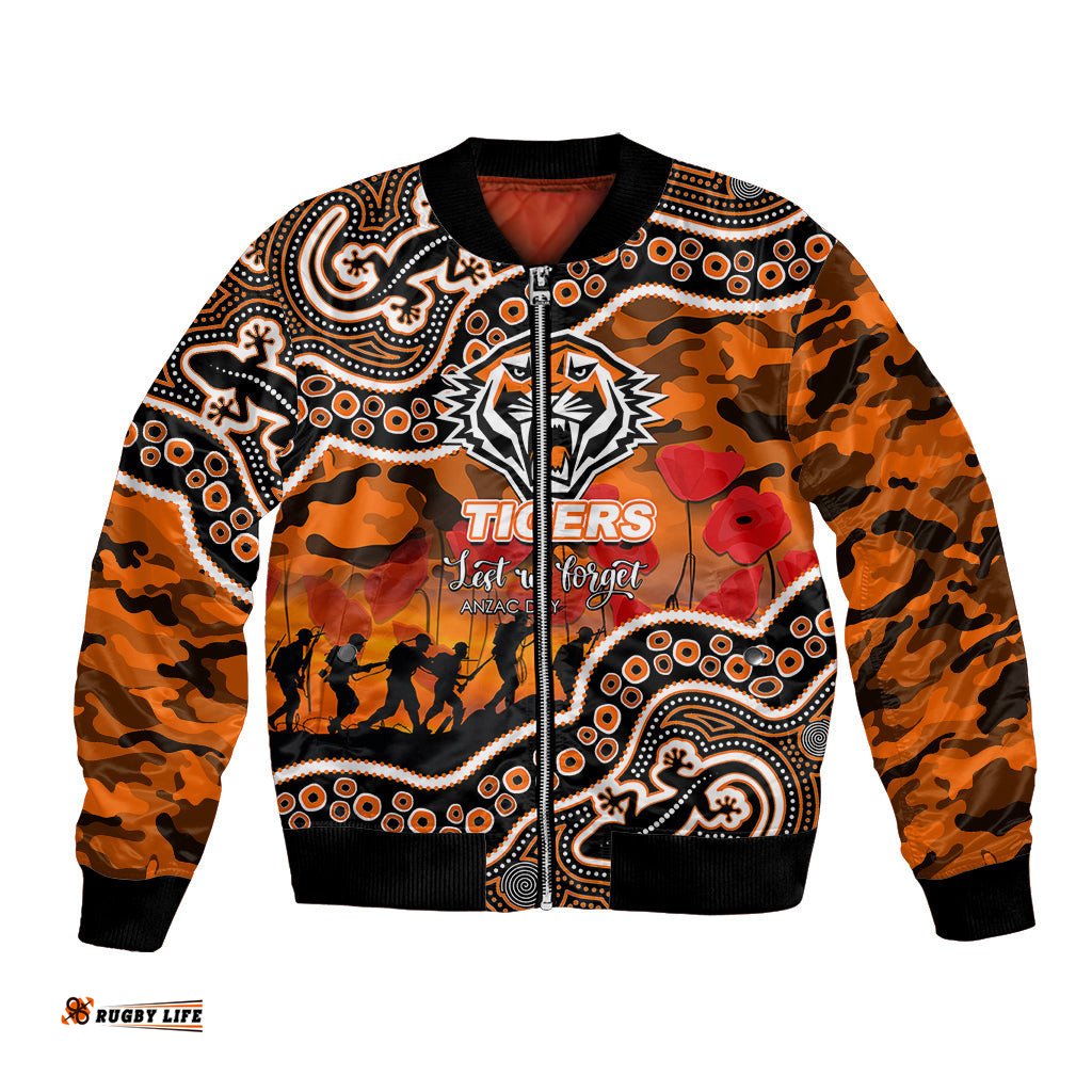 Custom Personalised Anzac Day NRL - Tigers Bomber Jacket Aboriginal Lizard Patterns