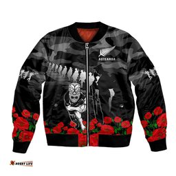 Custom Text And Number New Zealand ANZAC Rugby Bomber Jacket Silver Fern All Black Camouflage Mix Poppy