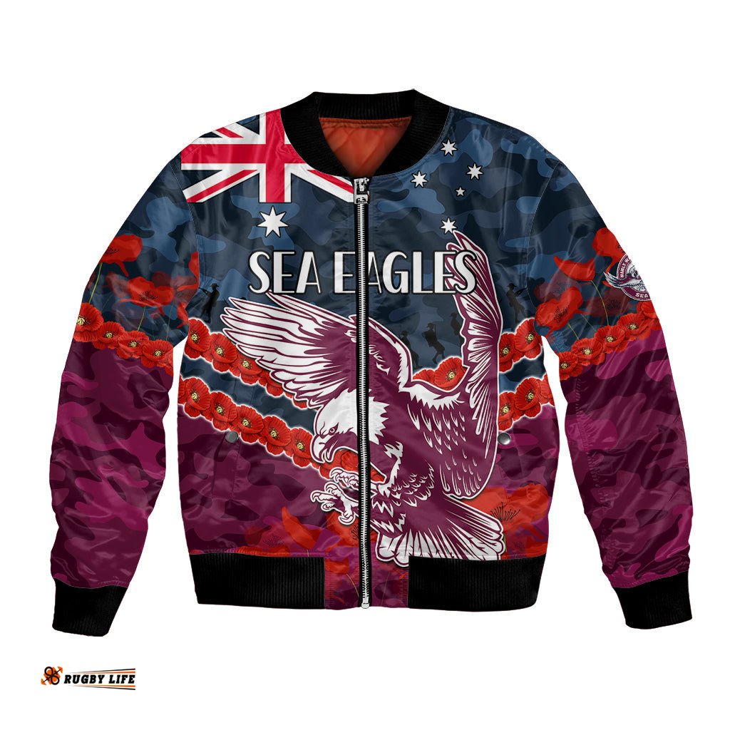 Custom Text And Number Sea Eagles Rugby ANZAC Bomber Jacket Lest We Forget