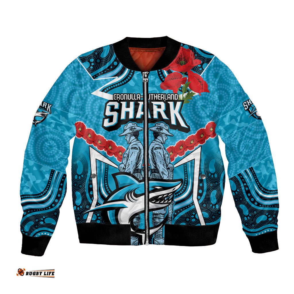 Custom Sharks Rugby ANZAC Bomber Jacket Gallipoli Soldier With Aboriginal Art