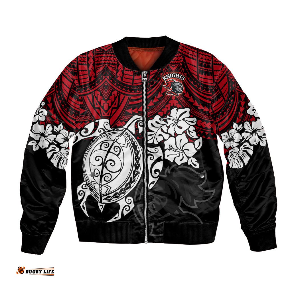 Custom Knights Rugby Bomber Jacket Novocastrians Hibiscus and Turtle With Polynesian Pattern