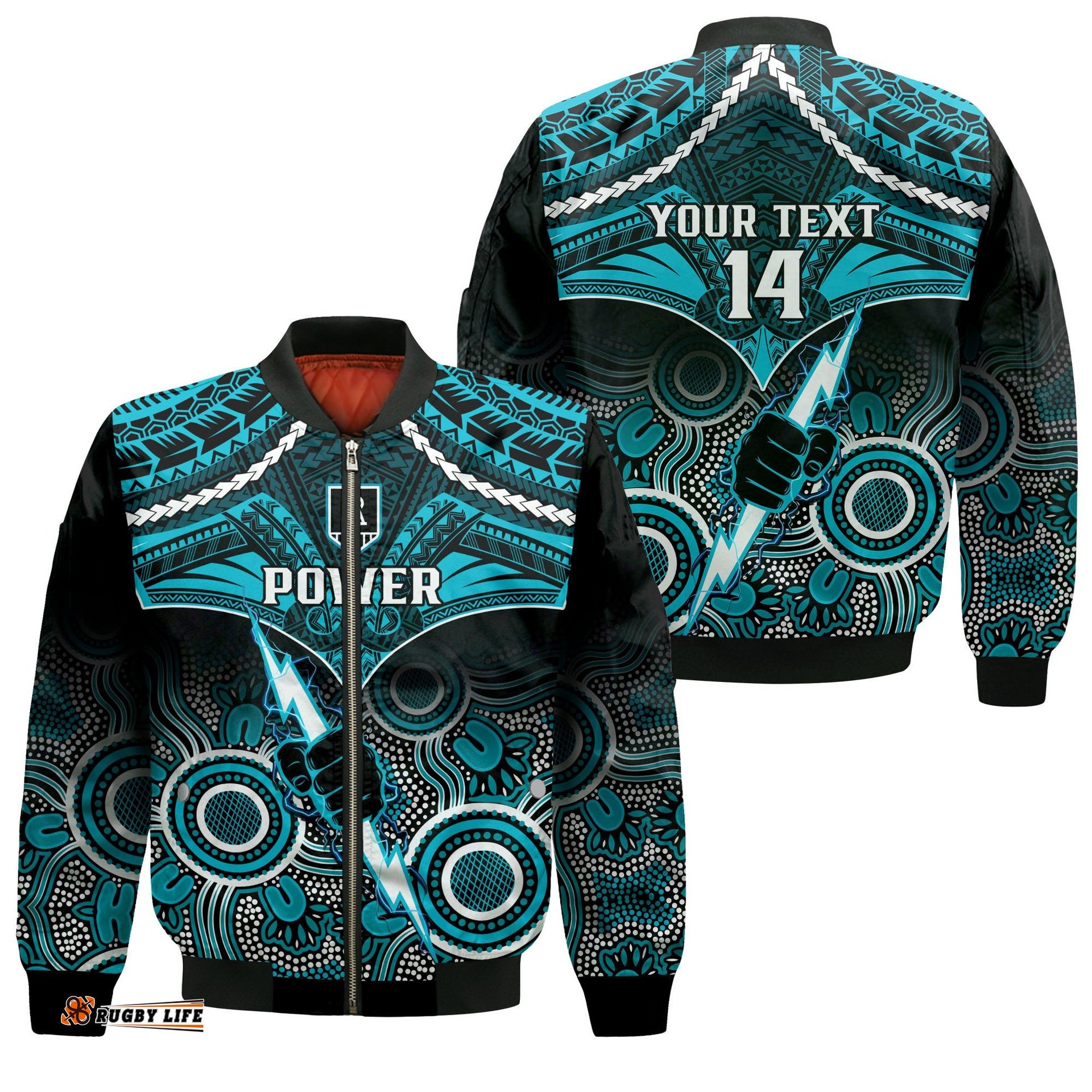 Personalised Port Adelaide Football Bomber Jacket Power Aboriginal Mix Polynesian Pattern