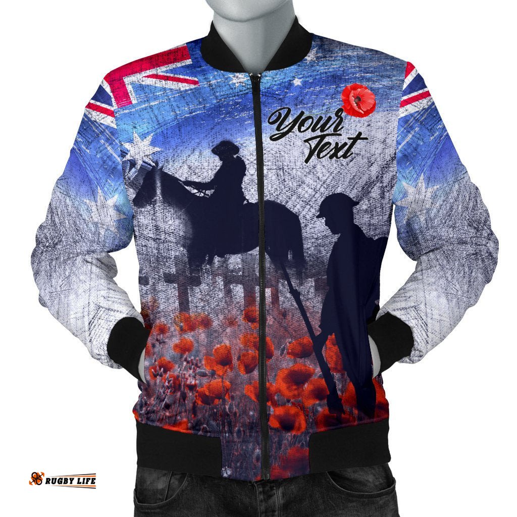 Custom Text Anzac Day Men's Bomber Jacket - Lest We Forget Vintage Poppies