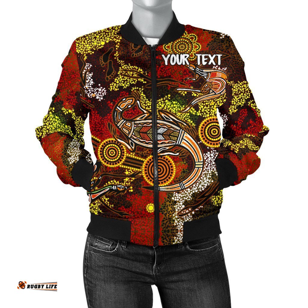 Custom Aboriginal Women's Bomber Jacket , Kangaroo and Lizard Dot Painting Art