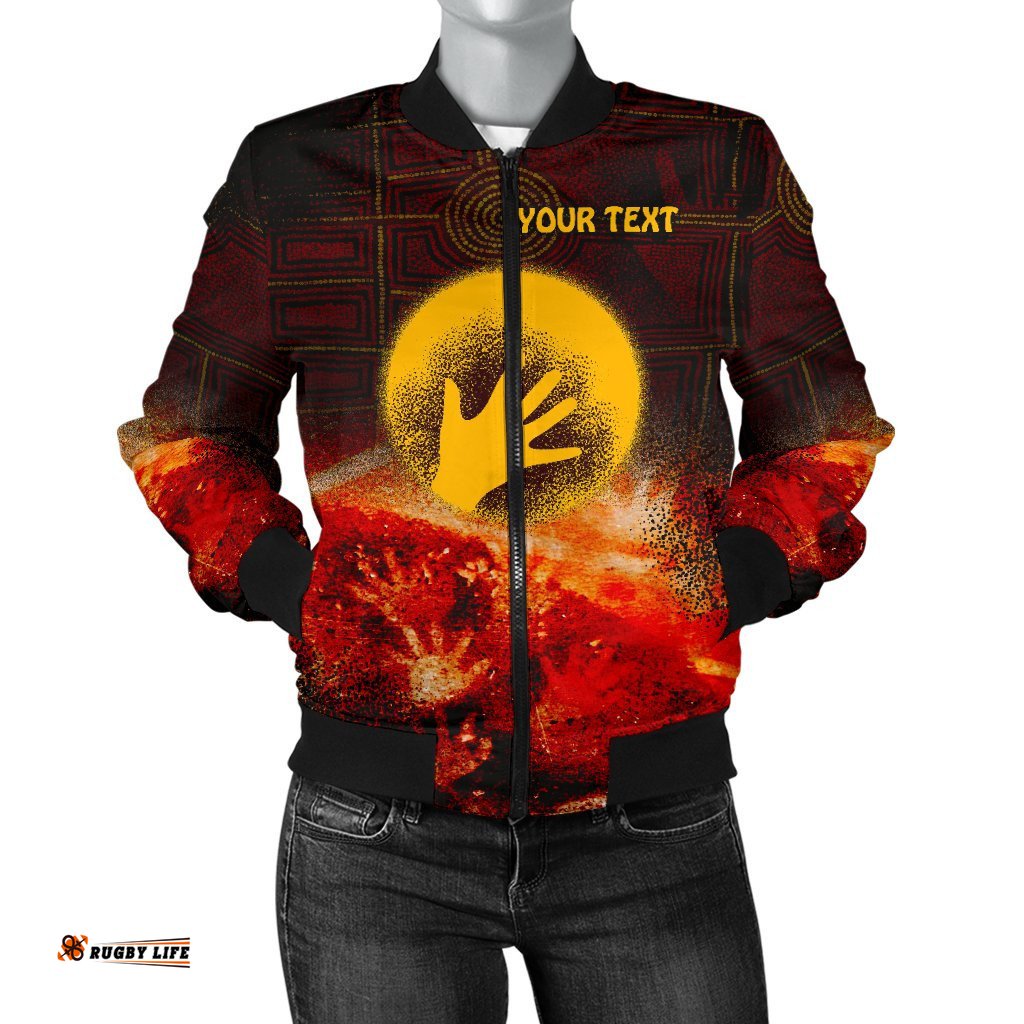 Custom Aboriginal Women's Bomber Jacket - Indigenous Flag Hand Art